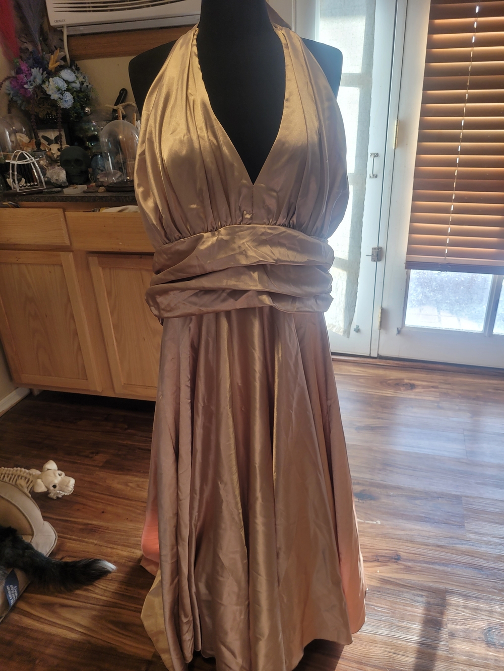 Fiesta Blush Champagne Halter Satin Prom Gown
